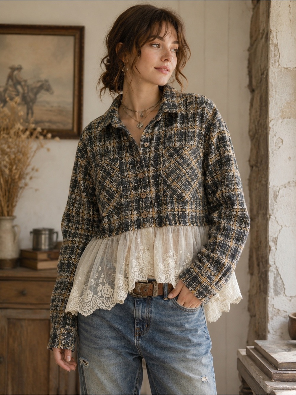 Gimmicks BKE Tweed & Lace Flannel Shirt Women's Fairy Whimsy Boho Western Size S